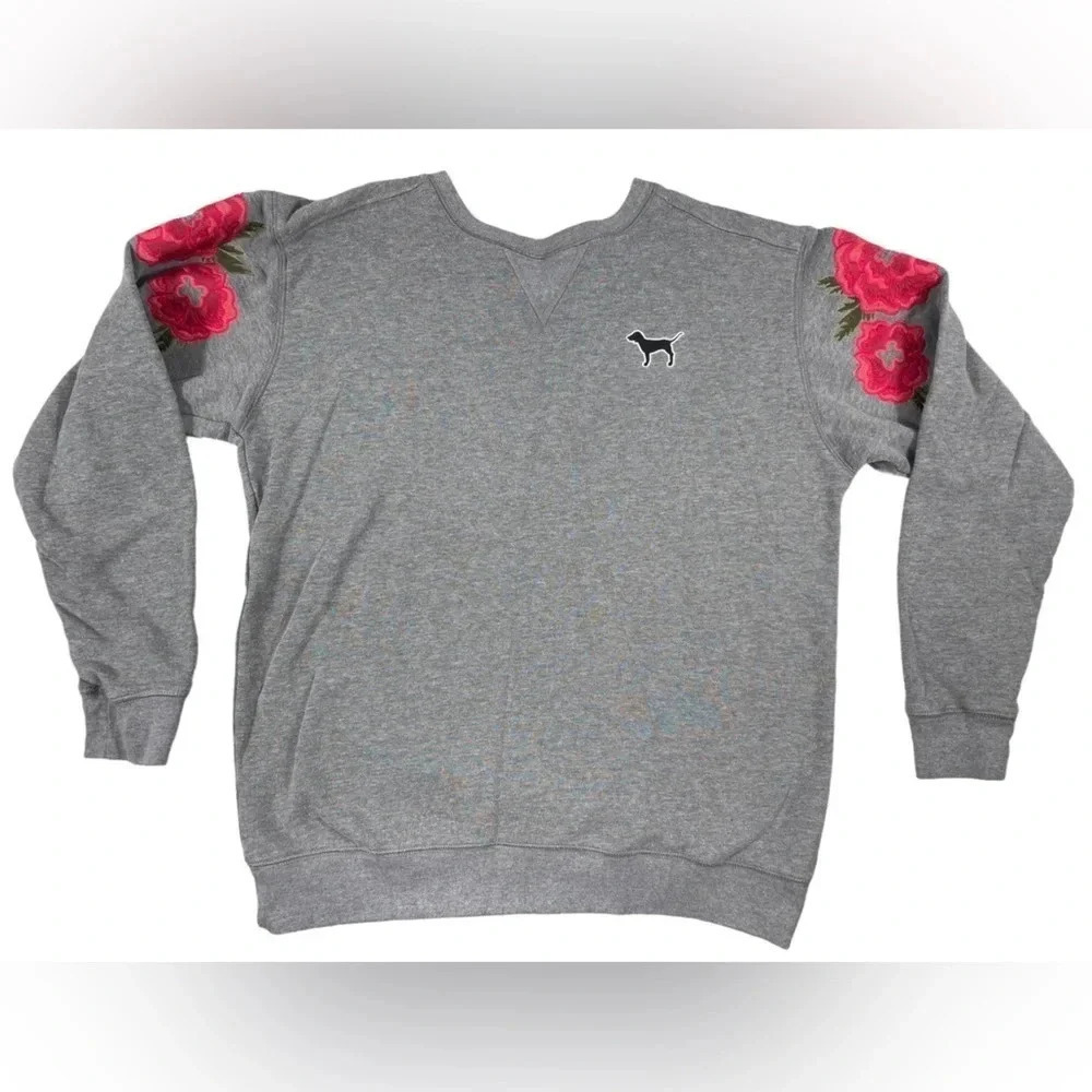Victoria Secret Grey Pink Flower Embroidered Sleeve Sweater Size XS
